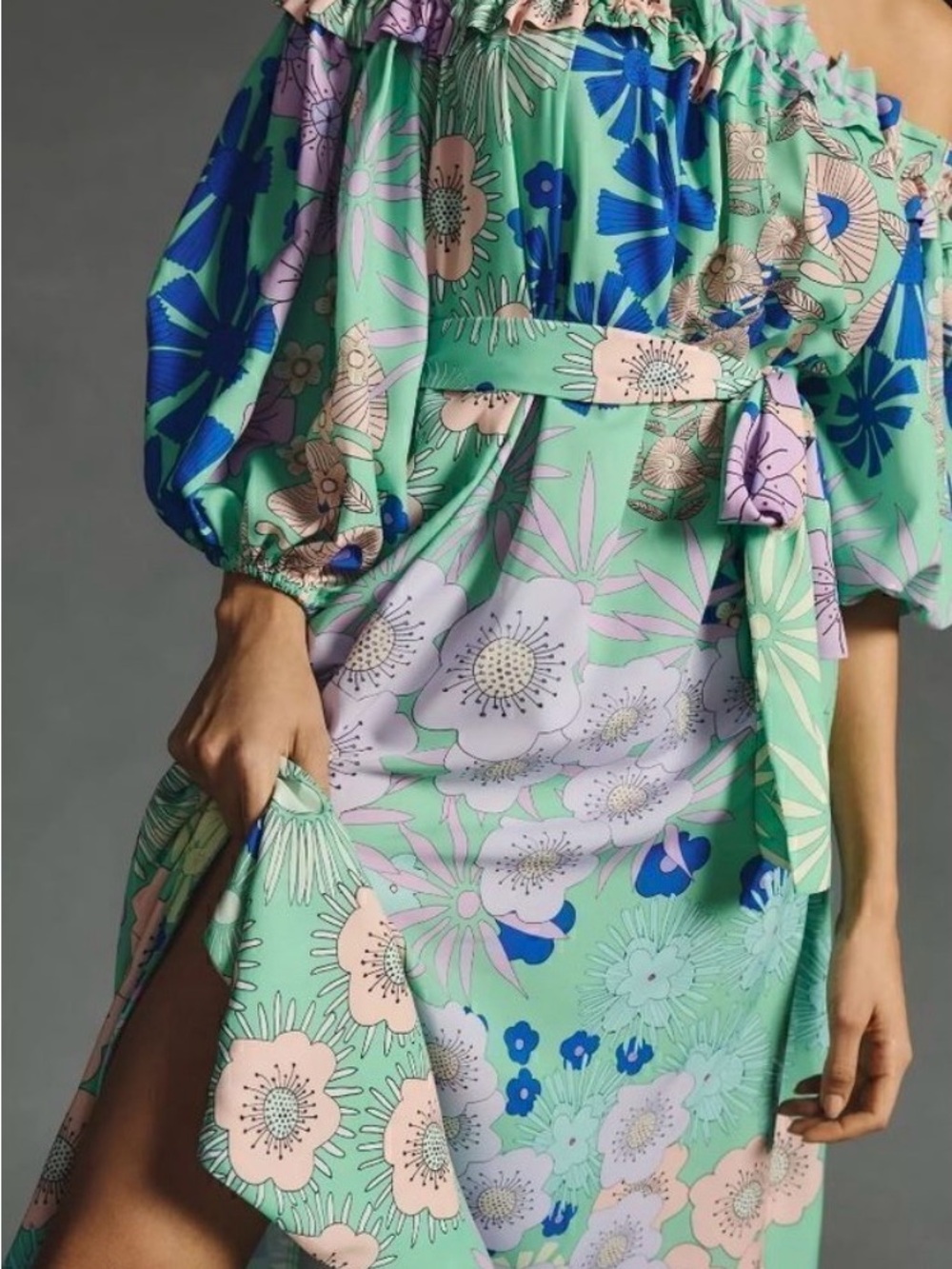 Anthropologie Oopscool Off-Shoulder Floral Midi Dress in Mint and Blue size S - Picture 4 of 10